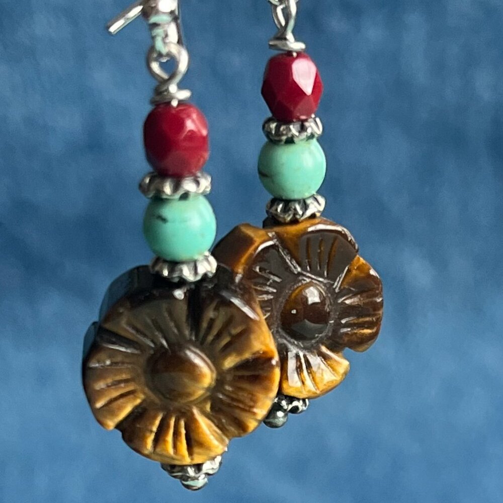 Tiger’s Eye Carved Flower Dangle Earrings | Southwestern Color Pallet